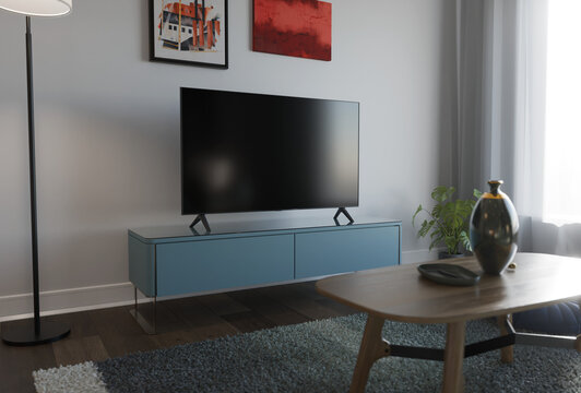 Modern living room 3D render with blank TV screen mockup, floating teal media unit and wall art &mdash; contemporary interior detail