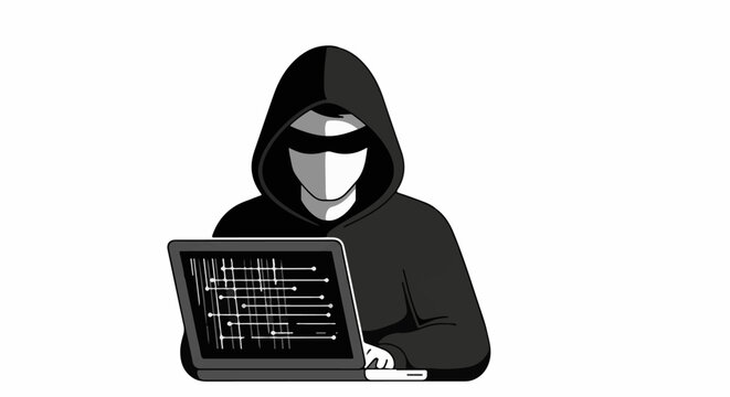 Hooded figure with mask using laptop, dark abstract design