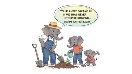 Dream Planting Day: Father elephant and his two children sow the seeds of aspiration together in a field of dreams on father's day © Abu