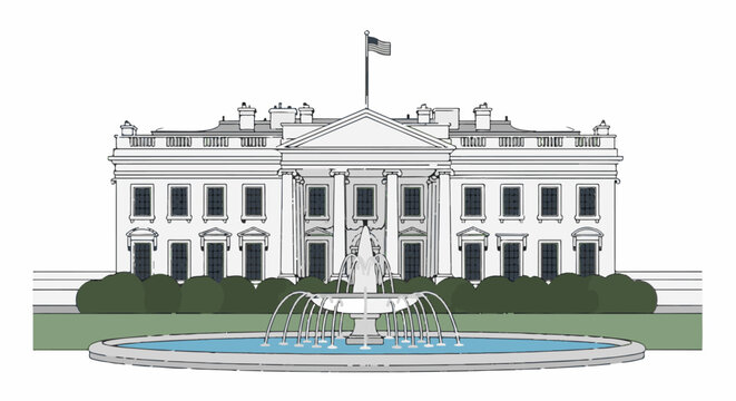 Iconic white neoclassical building with columns, flag, fountain, and surrounding greenery