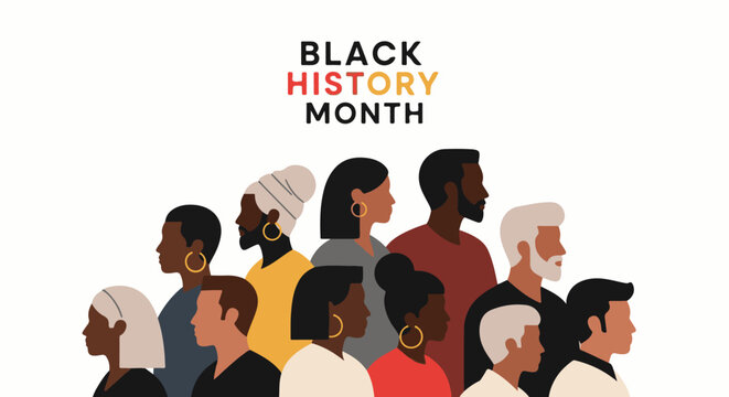 Diverse group of people with heads and shoulders facing right, with text "BLACK HISTORY MONTH