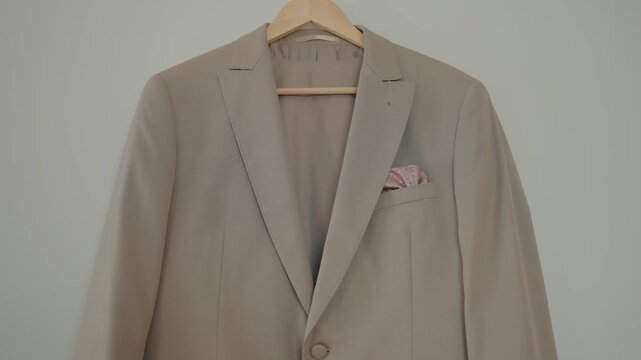 Front view of elegant beige suit jacket on wooden hanger with folded pocket square detail