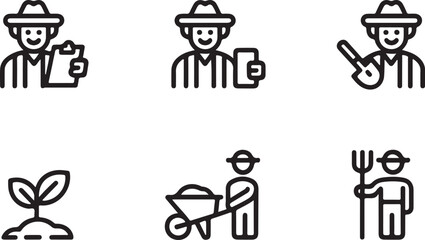 Fototapeta premium Set of simple black line icons depicting farmers working with agricultural tools and plants