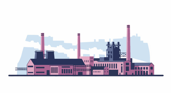 Industrial factory with multiple chimneys against a hazy sky