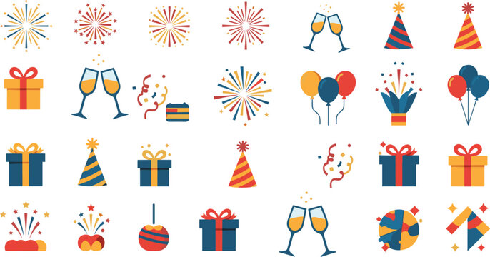 Festive Celebration Icon Set with Fireworks, Party Hats, Gift Boxes, Balloons, and Party Decorations for Events and Occasions