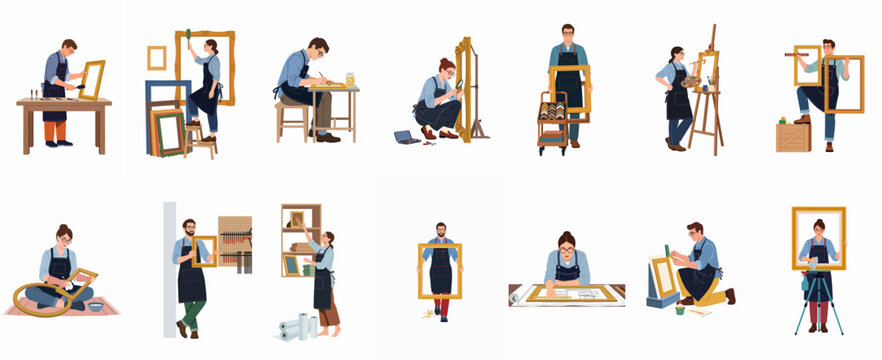 Set of professional artisans and craftspeople working on picture framing, restoration, and art preservation in a workshop environment.