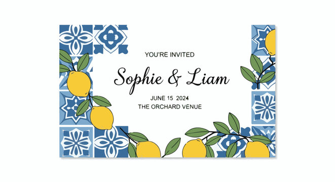 Invitation with lemons and blue tiles for Sophie and Liam's wedding on June 15, 2024