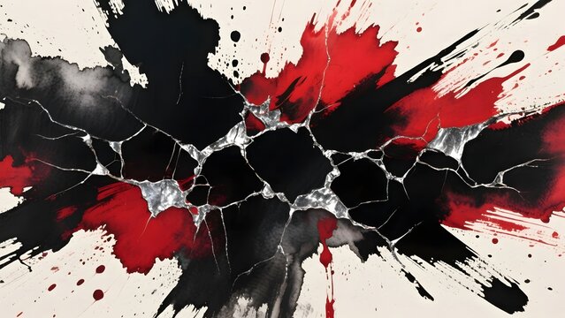 Bold Black and Crimson Watercolor Abstract with Cracked Silver Texture
