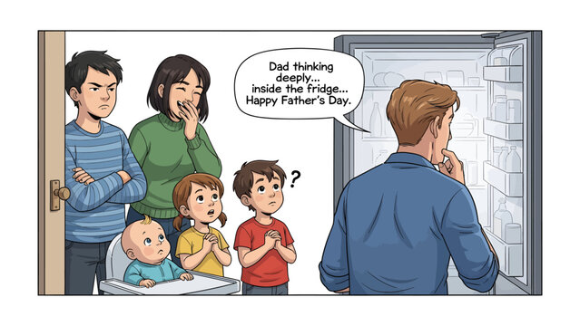 Father's Day Cartoon: A touching Father's Day scene unfolds, depicting a father pondering over an empty fridge while his family looks on with anticipation, ready to celebrate.