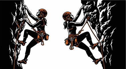 Female Cliff Climber Silhouette Vector with Orange Highlights © Shaima