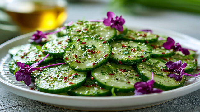 Fresh sliced cucumber salad with aromatic herbs edible flowers and seeds on a white plate, cucumber