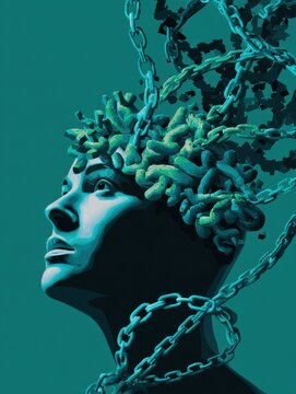 Abstract illustration of brain affected by addiction and dopamine hijacking in a medical concept of reward loop and dark cerebral imagery
