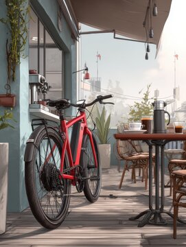 Young urban professionals enjoy a morning espresso on a cafe terrace while their electric bicycles charge nearby, embodying a sustainable city lifestyle.