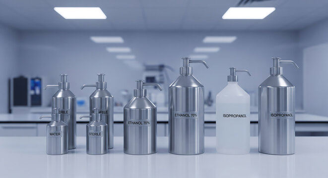 Assortment of chemical solvent dispenser bottles displayed in a sterile laboratory environment, 3D render, eye-level view, scientific context.