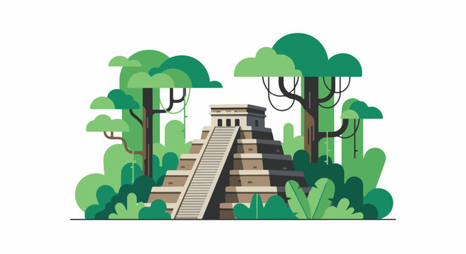 Flat design illustration of a pyramid in a lush green jungle