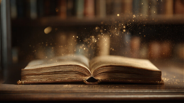 Ancient parchment fairy tale book on dark walnut shelf with volumetric golden glow and floating stardust, cinematic fantasy atmosphere ideal for publishing promos and website hero banners