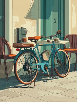 Young urban professionals enjoy a morning espresso on a cafe terrace while their electric bicycles charge nearby, embodying a sustainable city lifestyle.