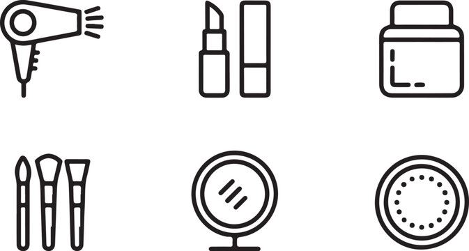 Set of simple black line icons for beauty salon makeup tools and hair dryer equipment