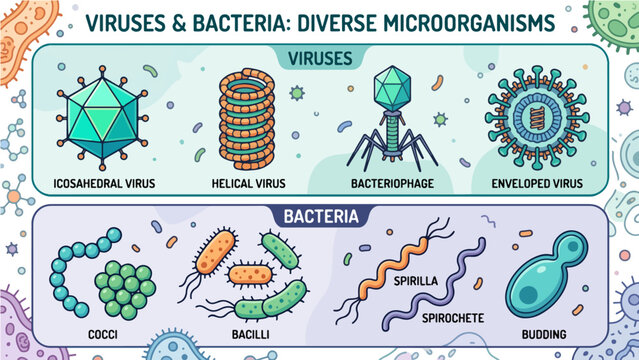Viruses and Bacteria Diverse Microorganisms Educational Infographic - Colorful Illustration Showing Icosahedral, Helical, Bacteriophage, Enveloped Virus, Cocci, Bacilli, Spirilla, Spirochete