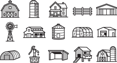 Rural agricultural building and farm structure icons. © Farzana Akter Munni