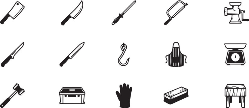 Butchery and meat processing tool icons set.