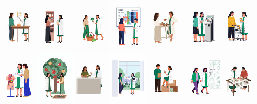 Vector illustration collection of professional nutritionists and dietitians providing health consultations, dietary advice, and meal planning to patients for a healthy lifestyle.