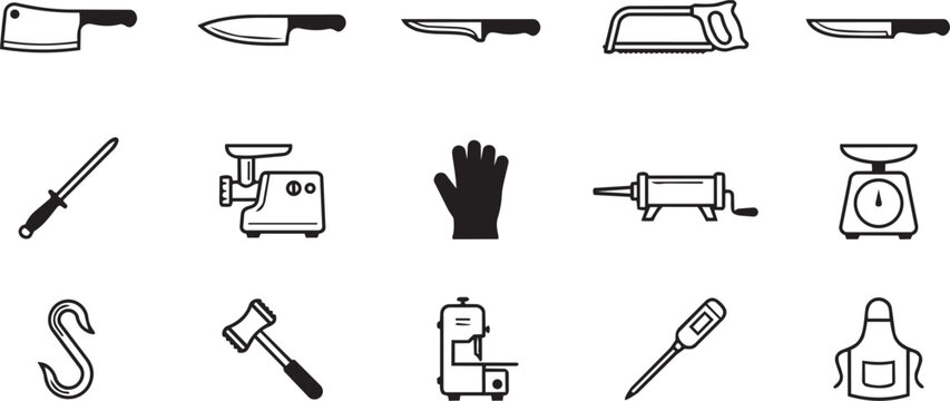 Meat processing and butcher shop icons featuring professional tools for commercial kitchen and slaughterhouse service.