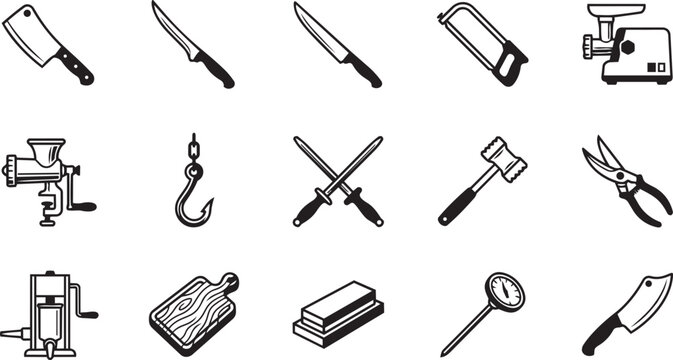 Butcher equipment icons set with meat processing tools for slaughterhouse and kitchen industries isolated on white.