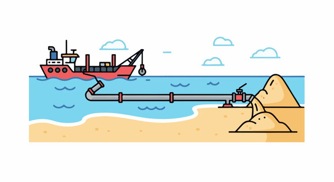 Dredging ship transfers sand via pipe to build up a beach coastline