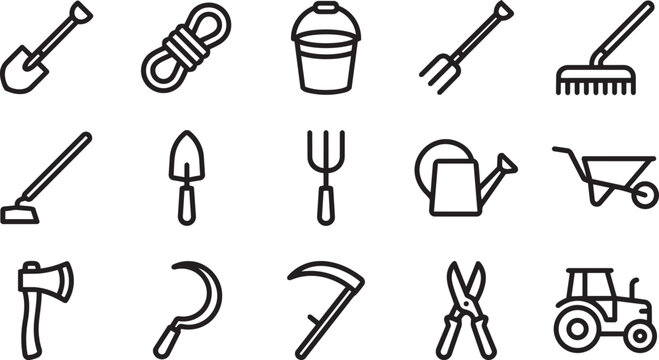 Collection of farming and gardening tools in simple line art style.
