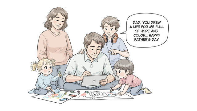 Family's Heartfelt Celebration: A family gathers, filled with love and warmth, the father's creative talent, as they share a special moment of drawing together.