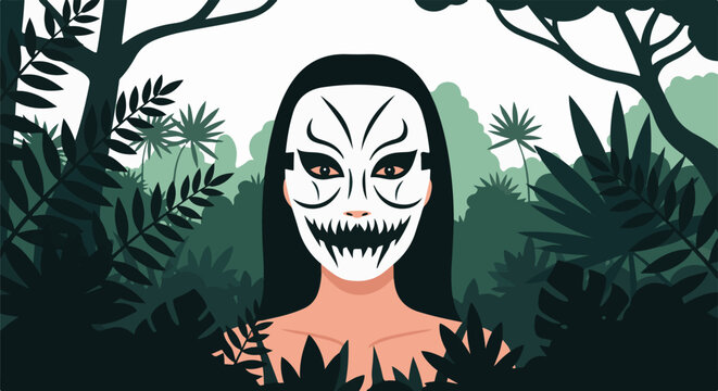 Enigmatic figure with a white mask adorned with black markings in a lush jungle
