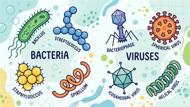 Bacteria and Virus Types Educational Infographic, Colorful Cartoon Illustration of Bacillus, Streptococcus, Staphylococcus, Spirillum, Bacteriophage, Spherical, Icosahedral and Helical Virus Microbio