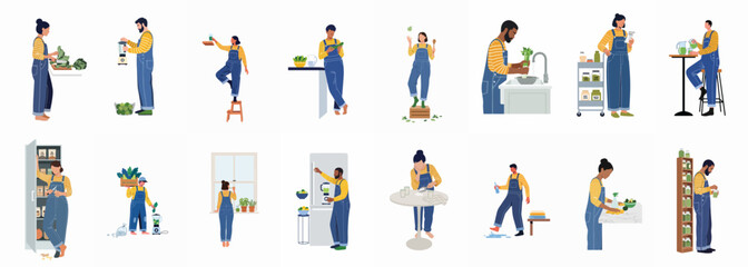 Fototapeta premium Collection of diverse characters in denim overalls and striped shirts performing various kitchen tasks like cooking, cleaning, and making healthy green smoothies.