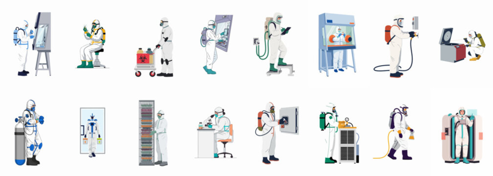 Illustrations of professional scientists in protective hazmat suits working in biohazard laboratories, conducting research, and handling dangerous materials in high-security environments.