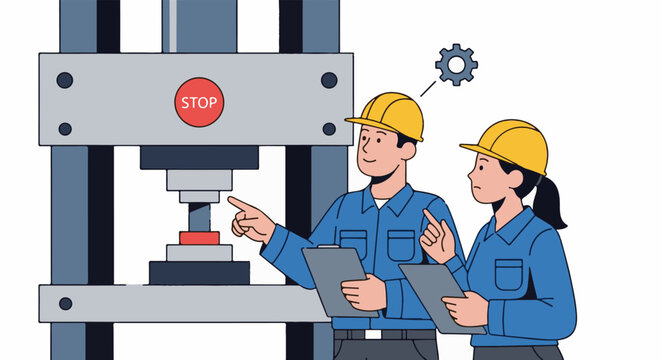 Factory workers in hard hats inspect a large machine with a stop button