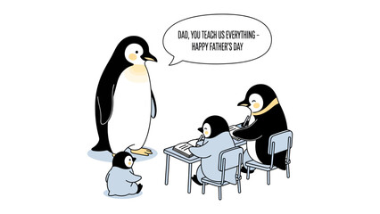 Penguin Father's Day: A heartwarming illustrated scene featuring a penguin father imparting knowledge to his offspring. © azizunnahar