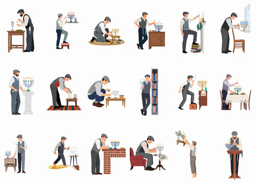 Vector collection of men in vintage clothing performing various Hanukkah traditions, including lighting the menorah and prayer, in a flat illustration style.