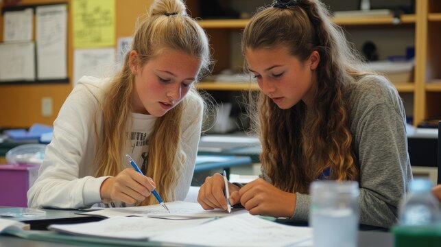 Students working in class, one girl looking at her friend's test while completing an assignment, focused learning