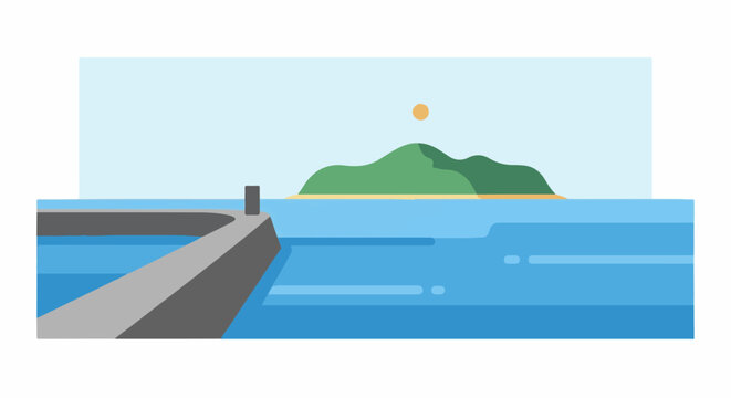 Gentle waves lap against a gray pier leading to a green island