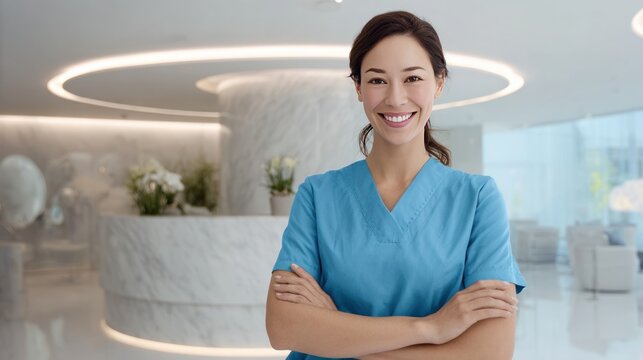 Healthcare Professional in Modern Facility: A confident healthcare professional, exuding competence and care, stands in a modern healthcare environment.