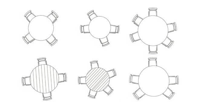 Architectural CAD Round Table Chairs Block &ndash; Top View Furniture Vector Line Art Technical Drafting Symbol Illustration