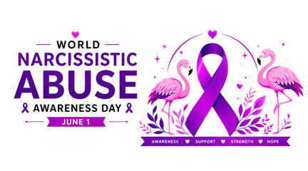 Fototapeta premium World Narcissistic Abuse Awareness Day vector illustration with purple ribbon, pink flamingos, support hearts and advocacy message isolated on transparent background