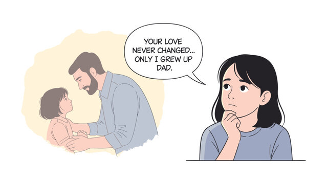 Growing Up: A heartwarming illustration of a child's reflection on her unchanging father's love as she matures.