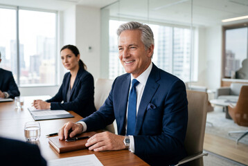 Fototapeta premium Mature male executive smiling during a corporate board meeting in a bright modern office boardroom