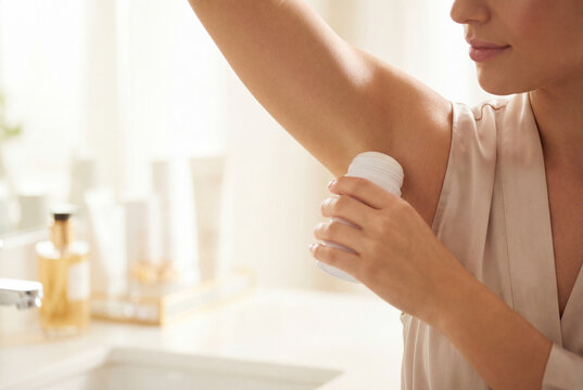 Woman applying stick deodorant to her underarm for freshness