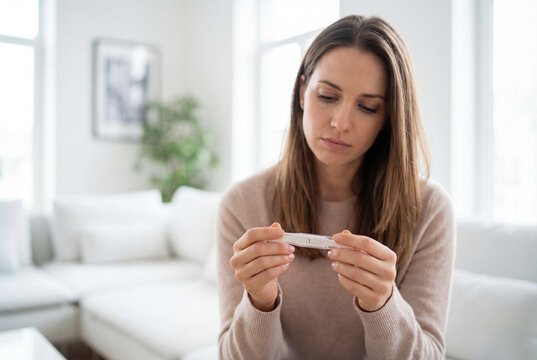 Sad woman holding a pregnancy test with a negative result