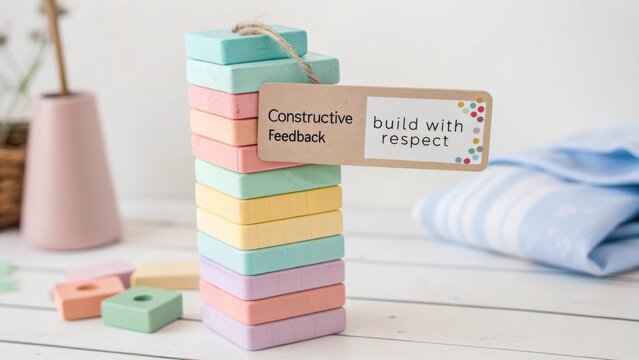 Colorful wooden blocks representing constructive feedback arranged creatively in a modern workspace with inspirational tags, emphasizing teamwork and respect.