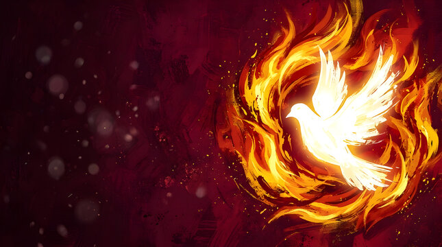 dramatic phoenix firebird rising from flames with glowing embers on dark background
