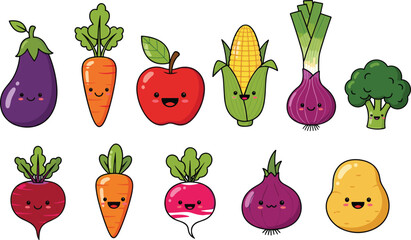 Fototapeta premium Cute Cartoon Vegetable and Fruit Character Collection with Smiling Organic Food Mascots for Healthy Eating and Kids Educational Design Projects